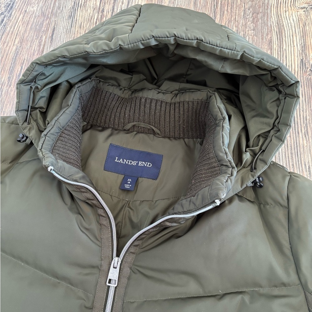 Lands’ End Hooded Quilted Down Puffer Jacket XL Olive Green 38” Long Two-Way Zip - Picture 7 of 14